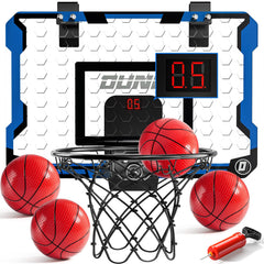 NIPLOOOW indoor basketball hoop on door with scoreboard for kids' scoring practice.