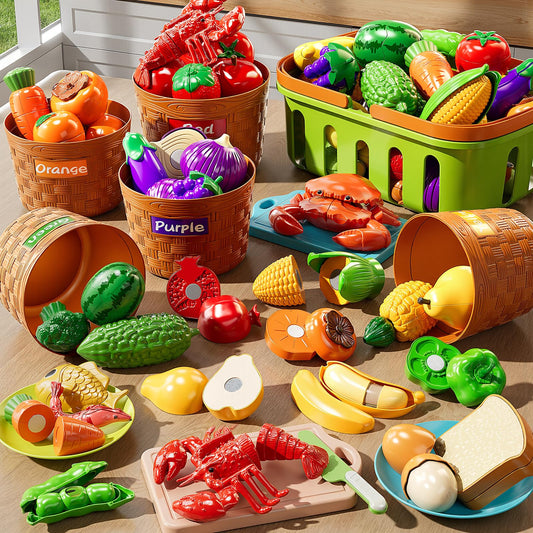 NIPLOOOW play food set with assorted fruits and vegetables for imaginative meals.