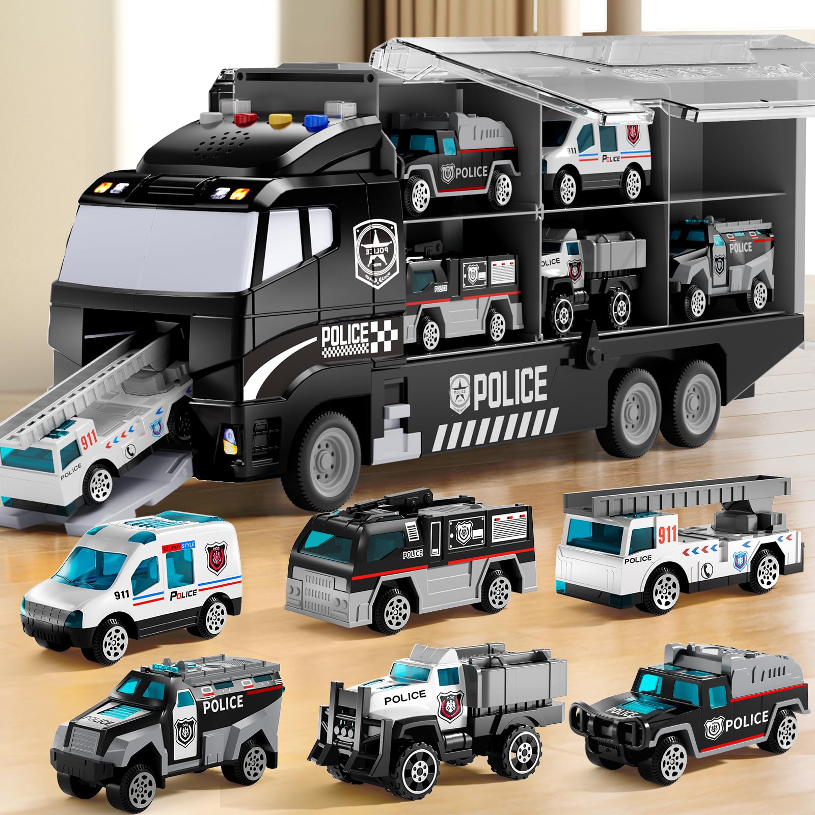 NIPLOOOW police truck set with play mat lights enhance imaginative play.