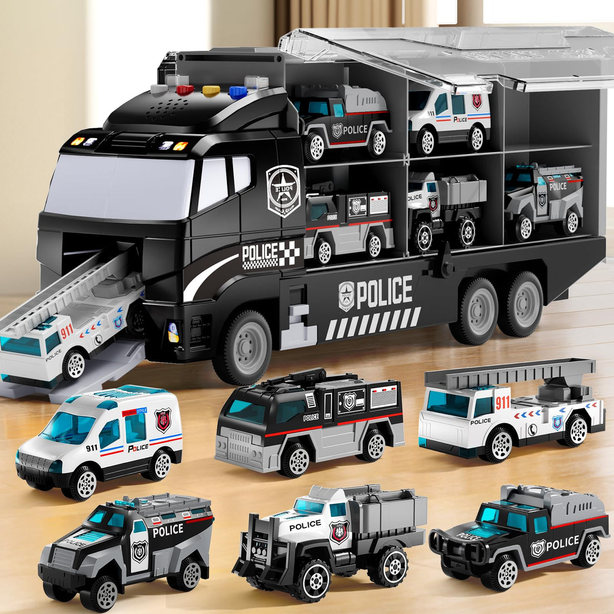 NIPLOOOW police truck set with play mat lights enhance imaginative play.