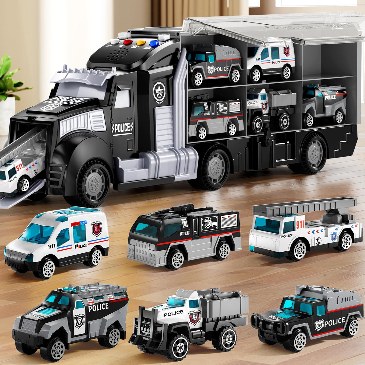 NIPLOOOW police trucks with play mat for immersive pretend play and storytelling.