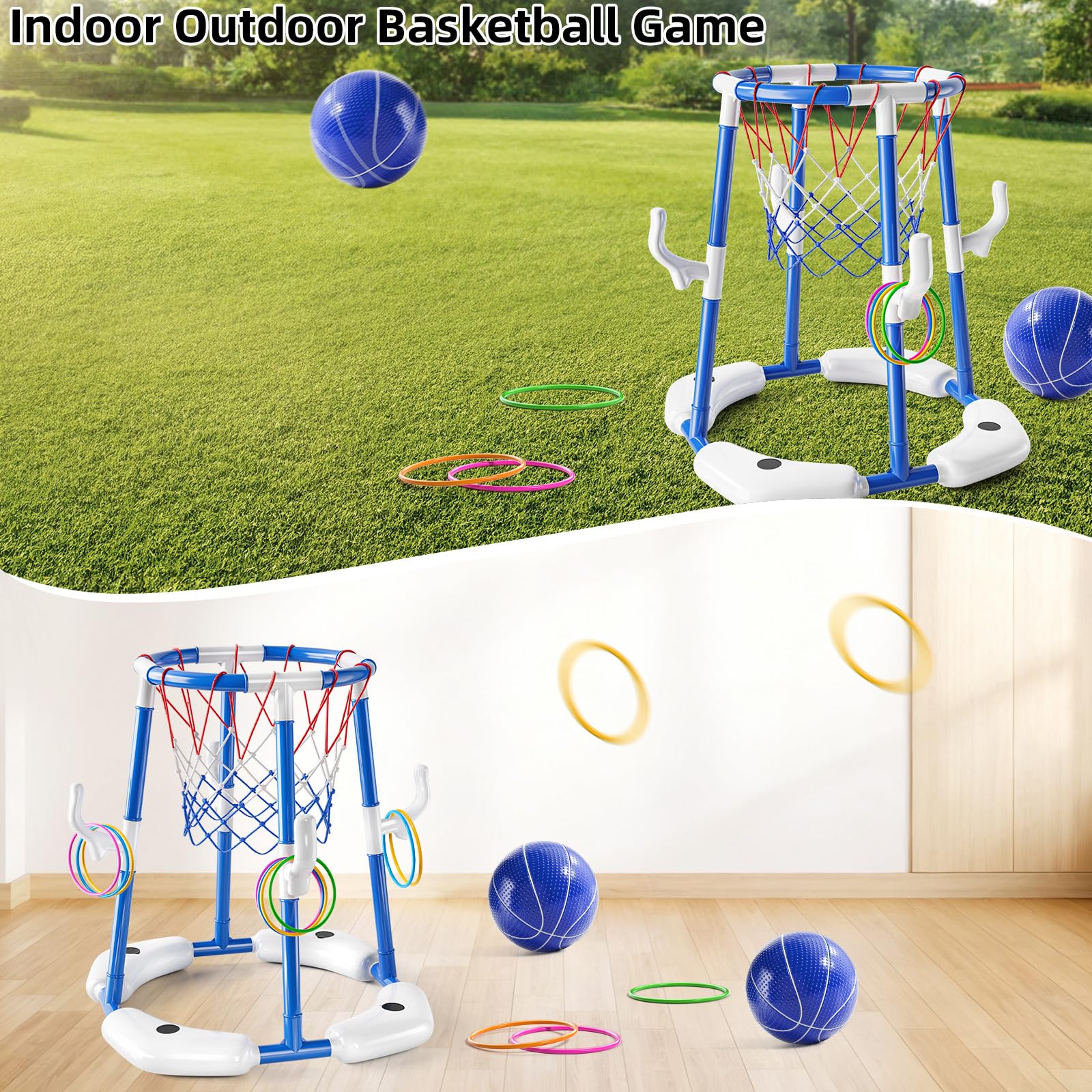 NIPLOOOW pool basketballs and pump ready for easy inflation and ball control.