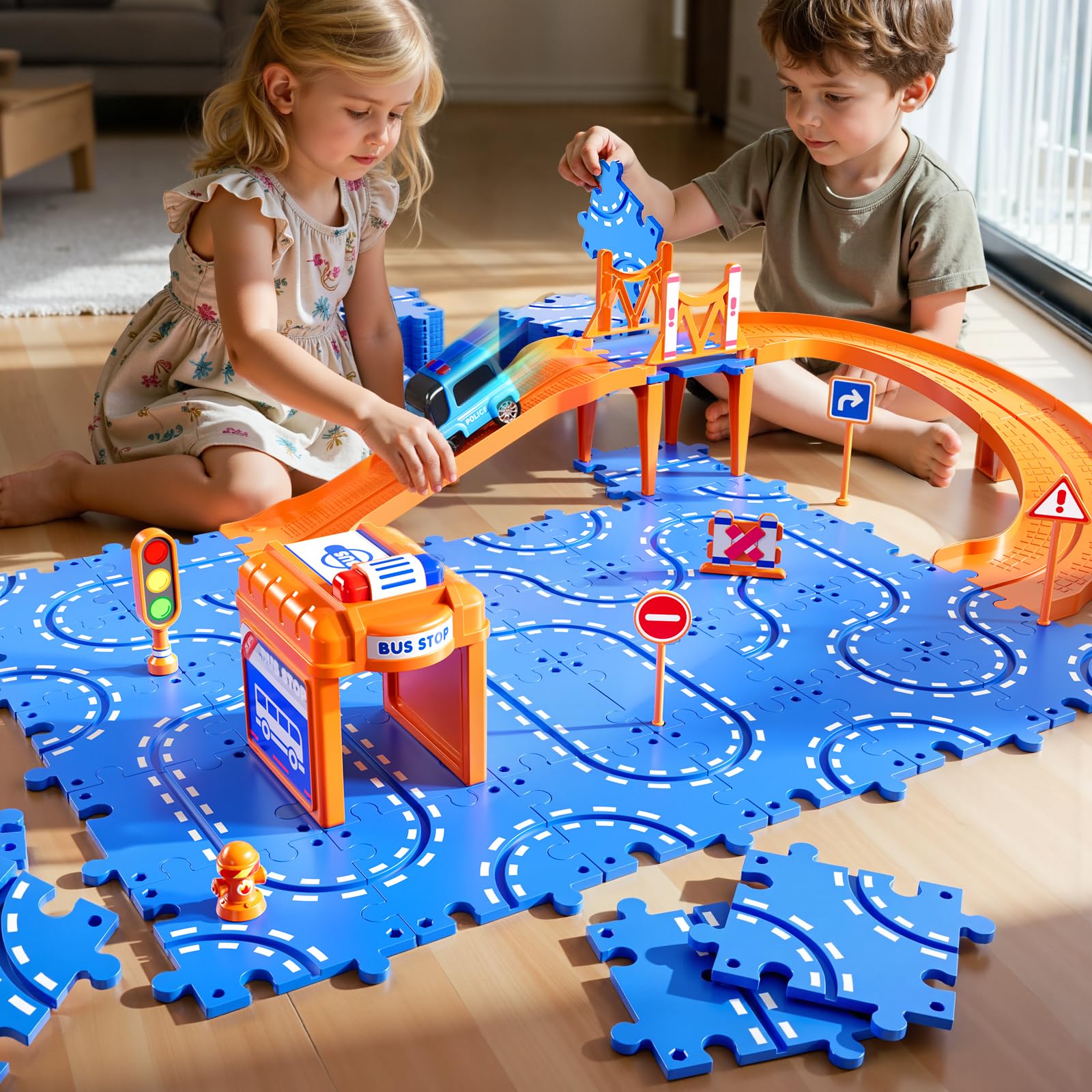 NIPLOOOW Puzzle Race Car Track Set kids playing together builds coordination.
