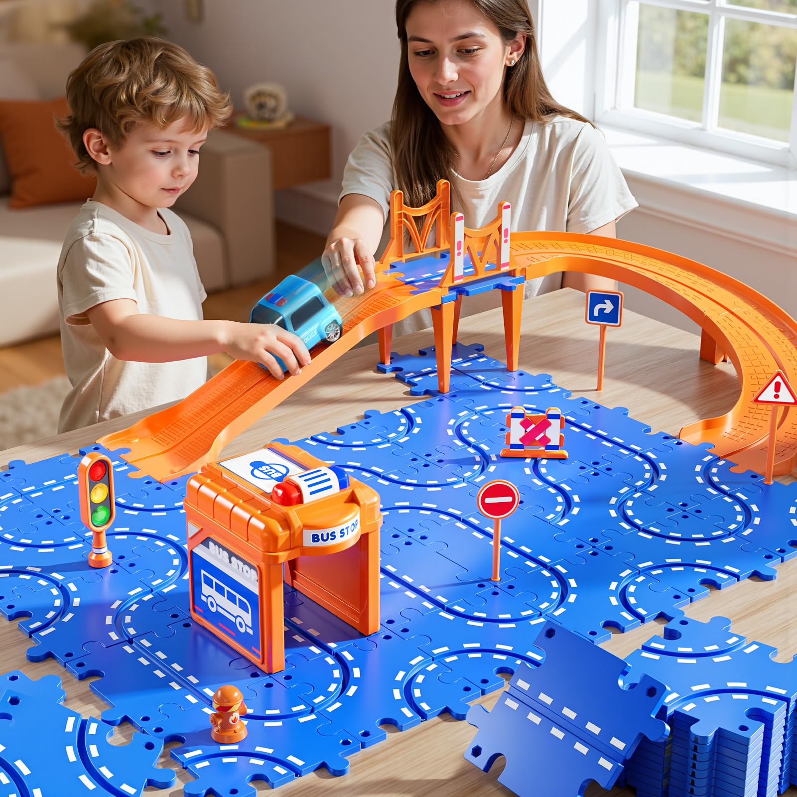 NIPLOOOW Puzzle Race Car Track Set safe ABS plastic for indoor and outdoor play.