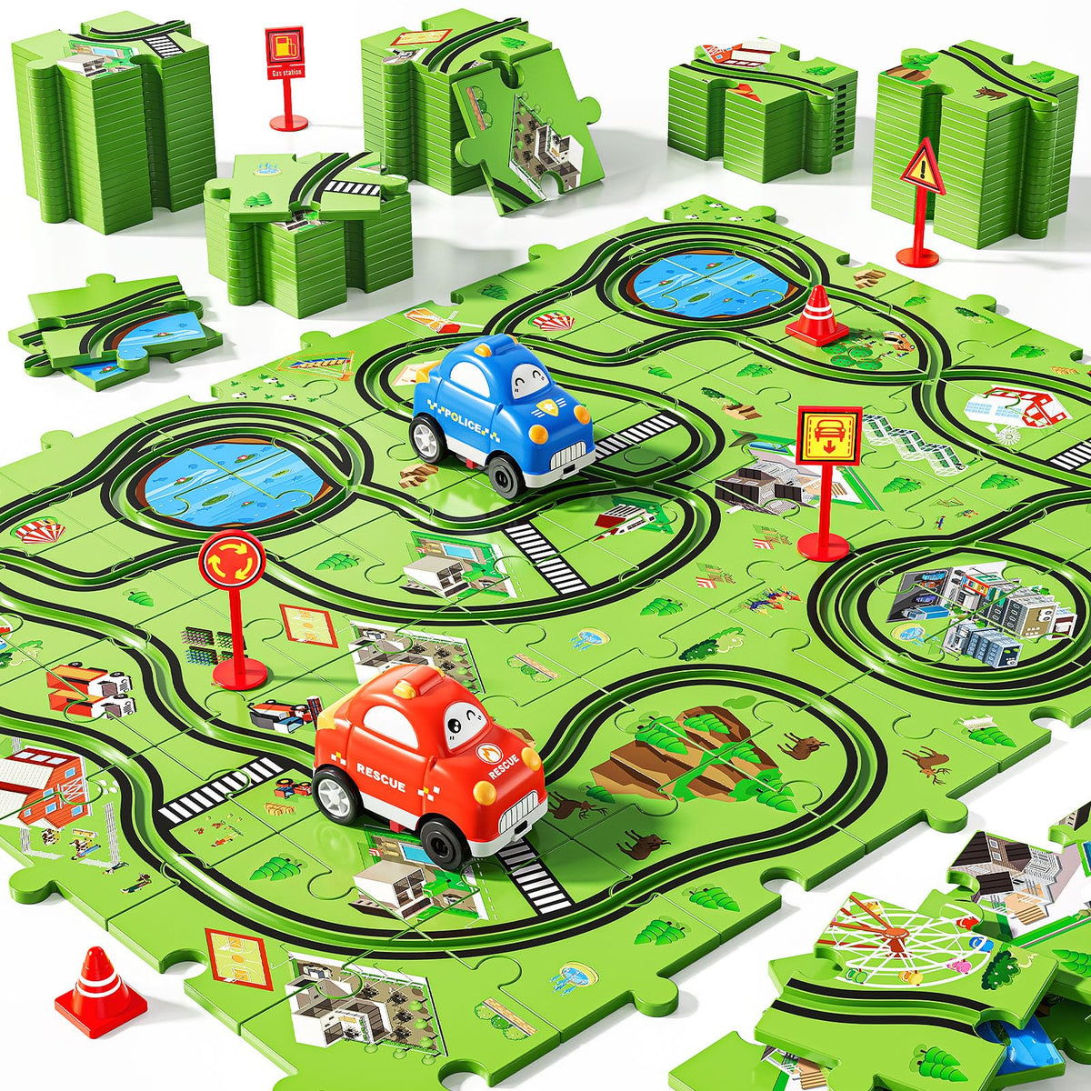 NIPLOOOW puzzle track car set with assembly-ready pieces for imaginative layouts.