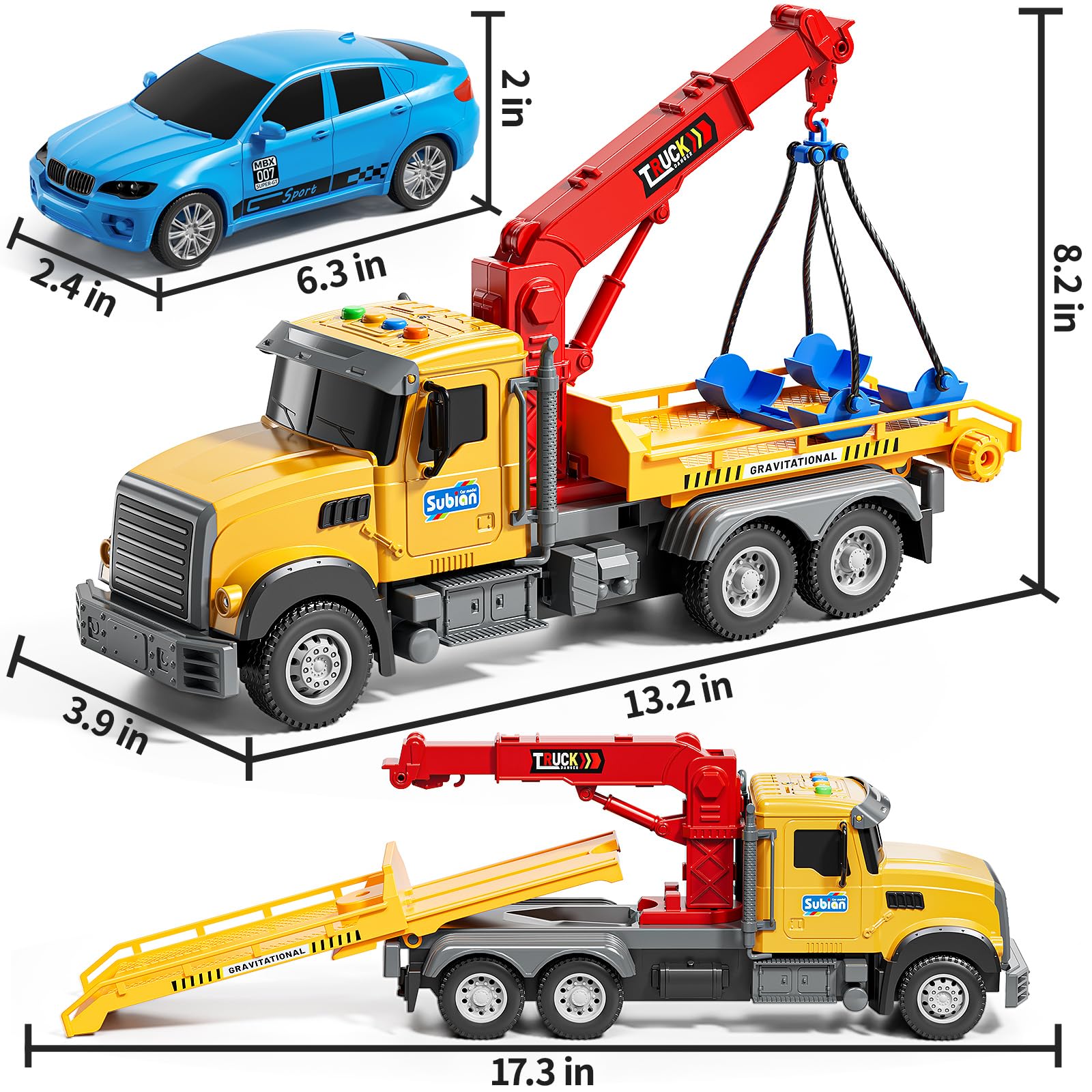 NIPLOOOW tow truck toy durable ABS build stands up to play.
