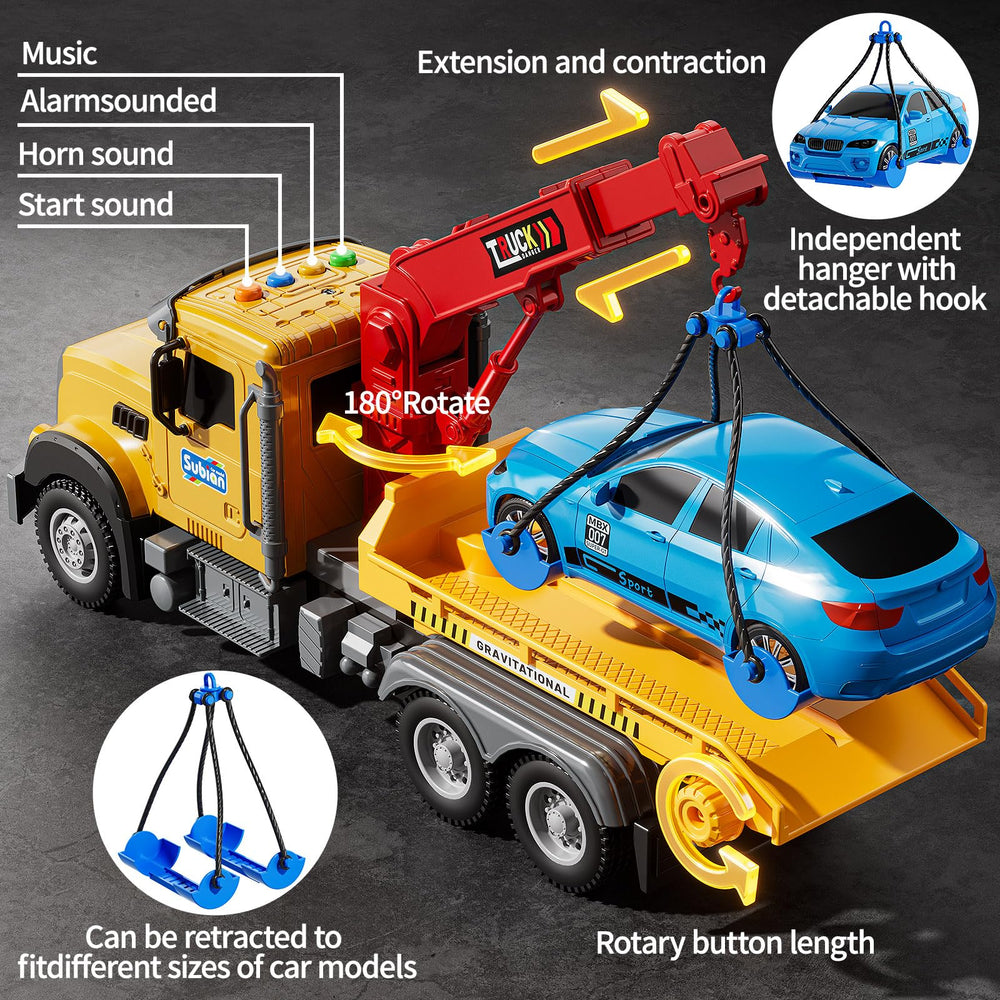 NIPLOOOW tow truck toy trailer ramp supports easy vehicle docking.