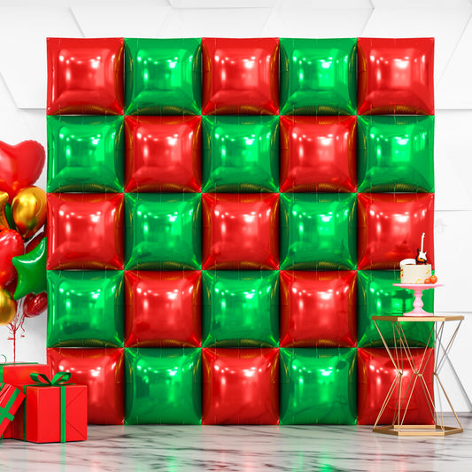NISOCY square foil balloon wall backdrop in red and green, ideal for festive photo backdrops.