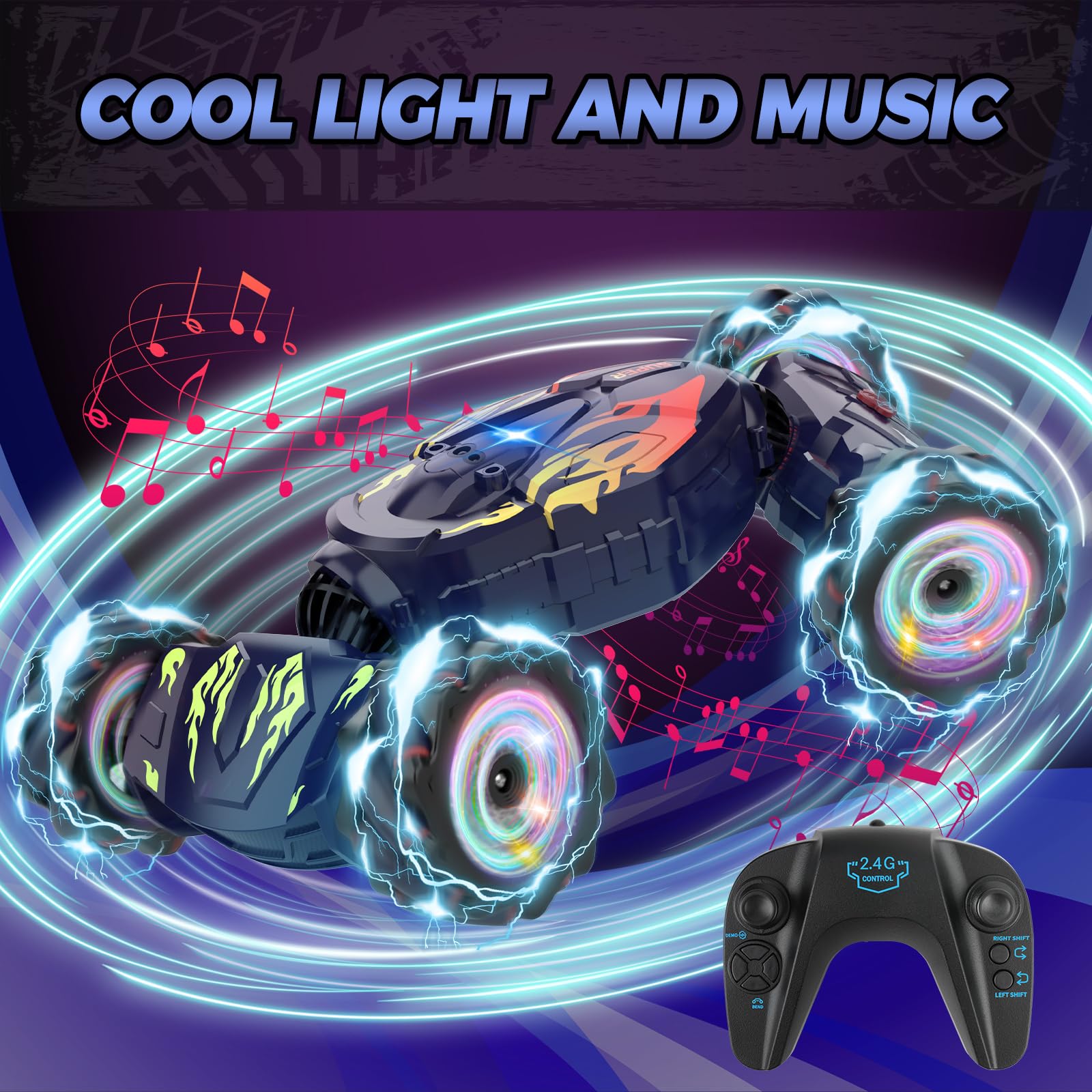 Nitigo Gesture RC Car 360° rotation during night play with LEDs.