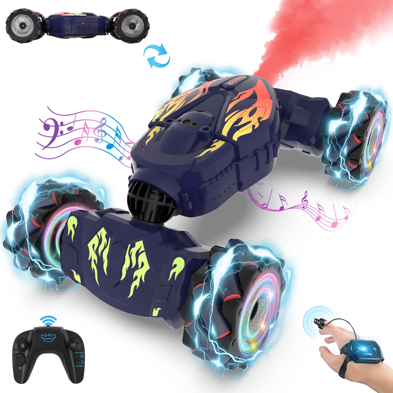 Nitigo Gesture RC Car front view highlights 360° stunts and vibrant lights.