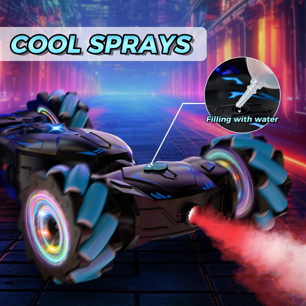Nitigo Gesture RC Car lights, music, and spray for enhanced visuals.
