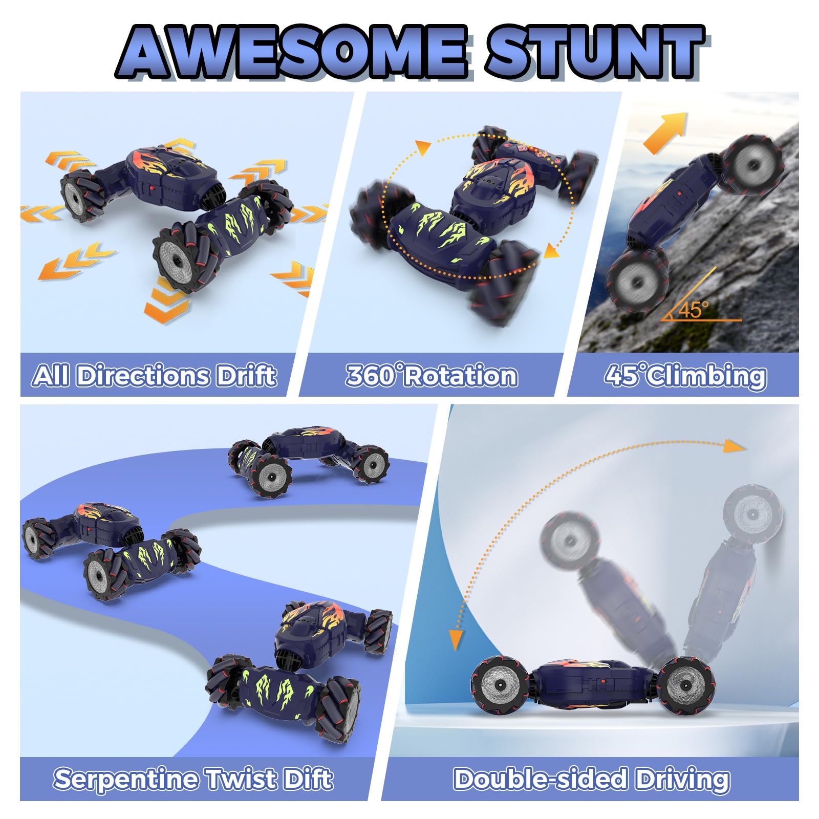Nitigo Gesture RC Car side view shows durable tires for all terrains.