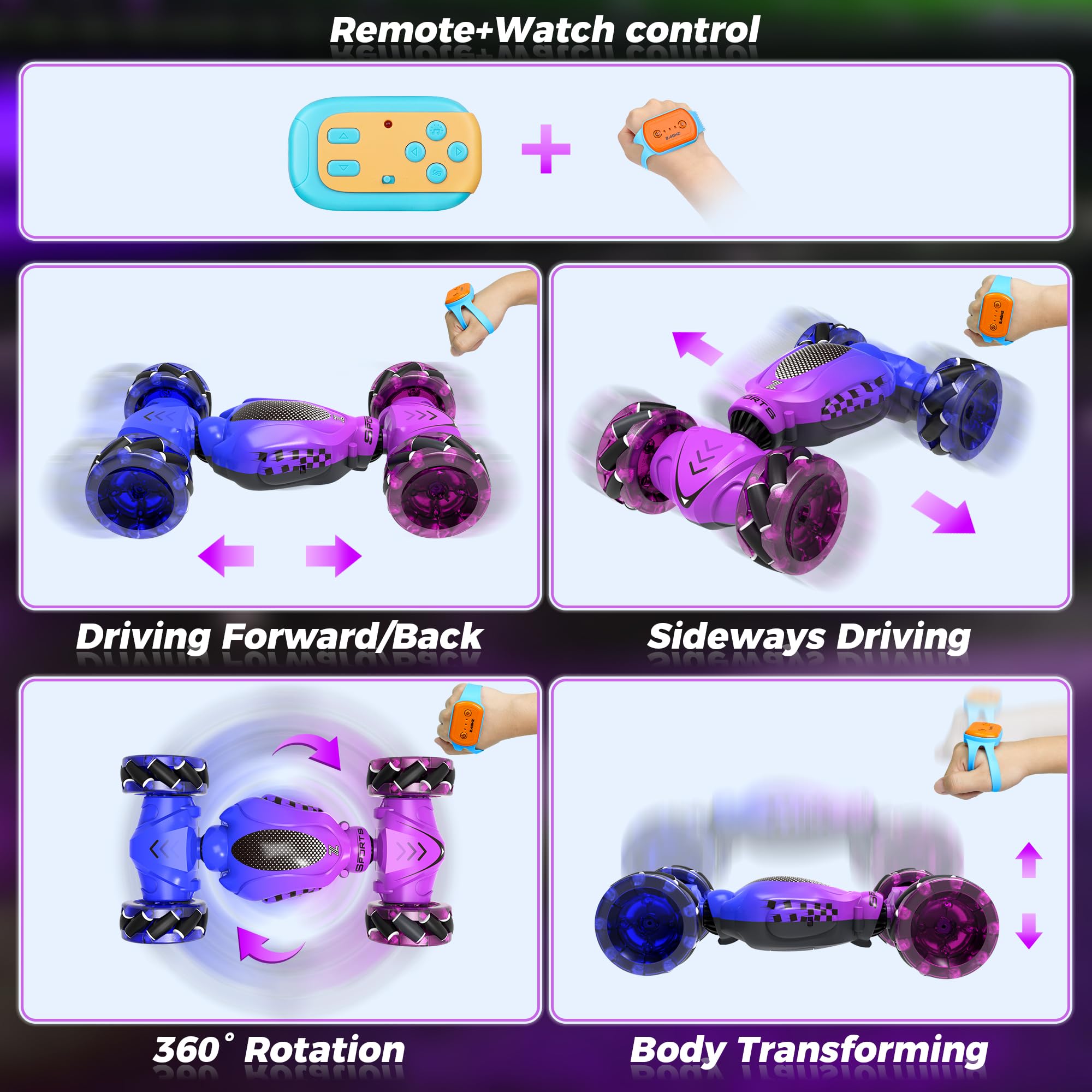 Nitigo RC car color-changing lights for day or night play.