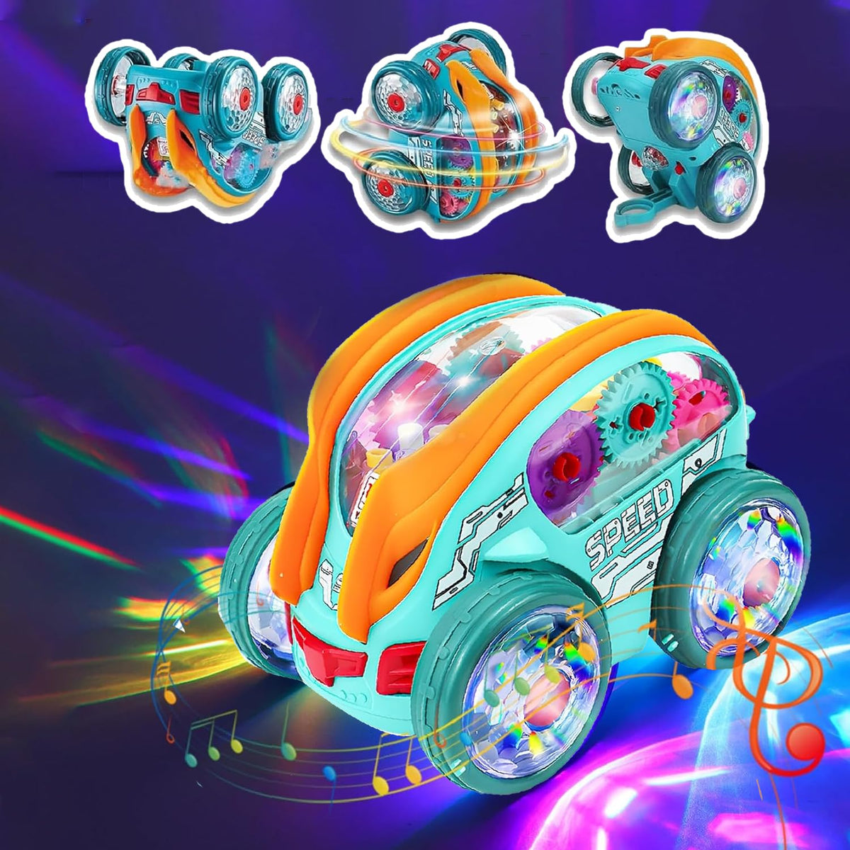 Niulife light up sensory car toy reveals transparent gears for visual exploration.