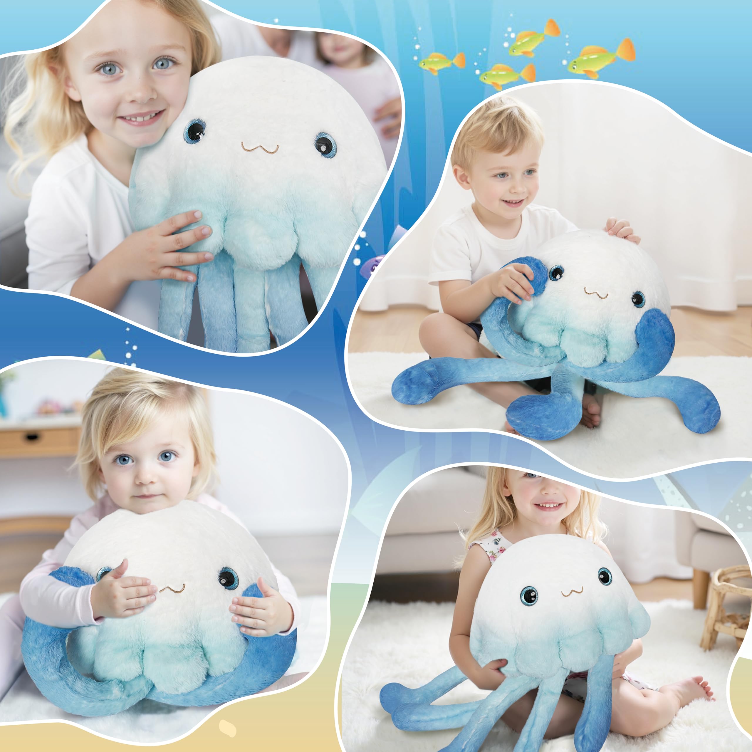 Niuniu Daddy jellyfish plush lounging on bed adds warmth during quiet evenings.