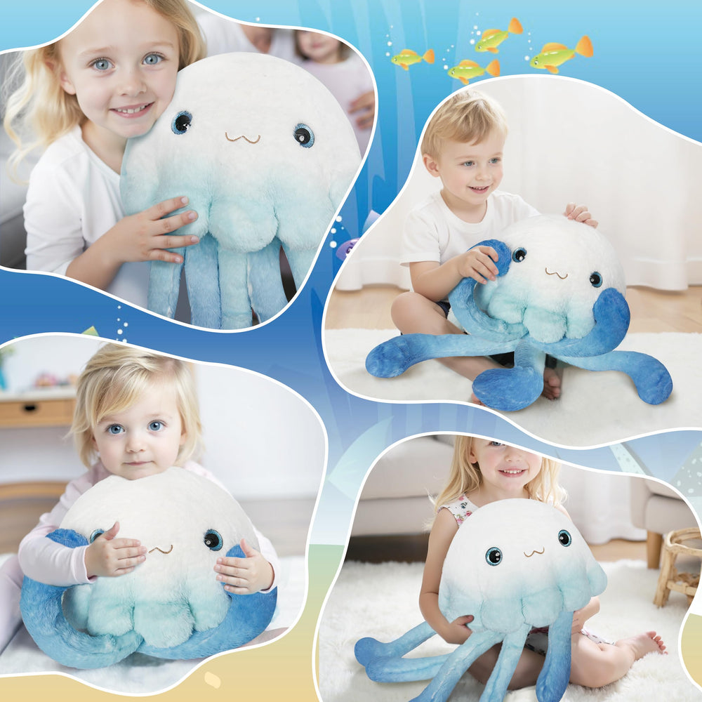 Niuniu Daddy jellyfish plush lounging on bed adds warmth during quiet evenings.