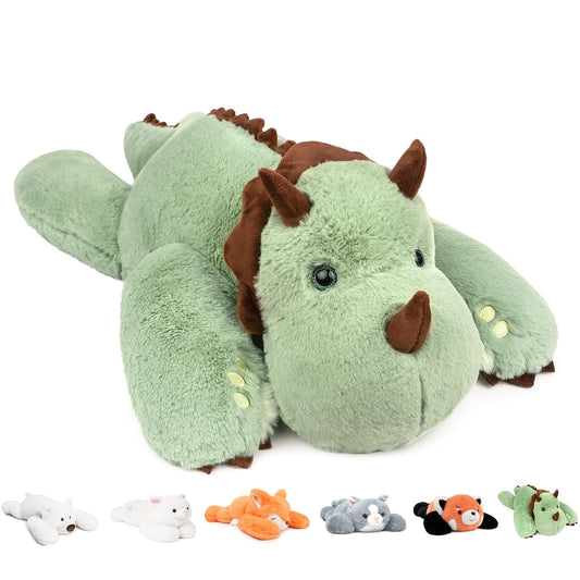Niuniu Daddy 24in weighted green dinosaur plush front view for hugging.