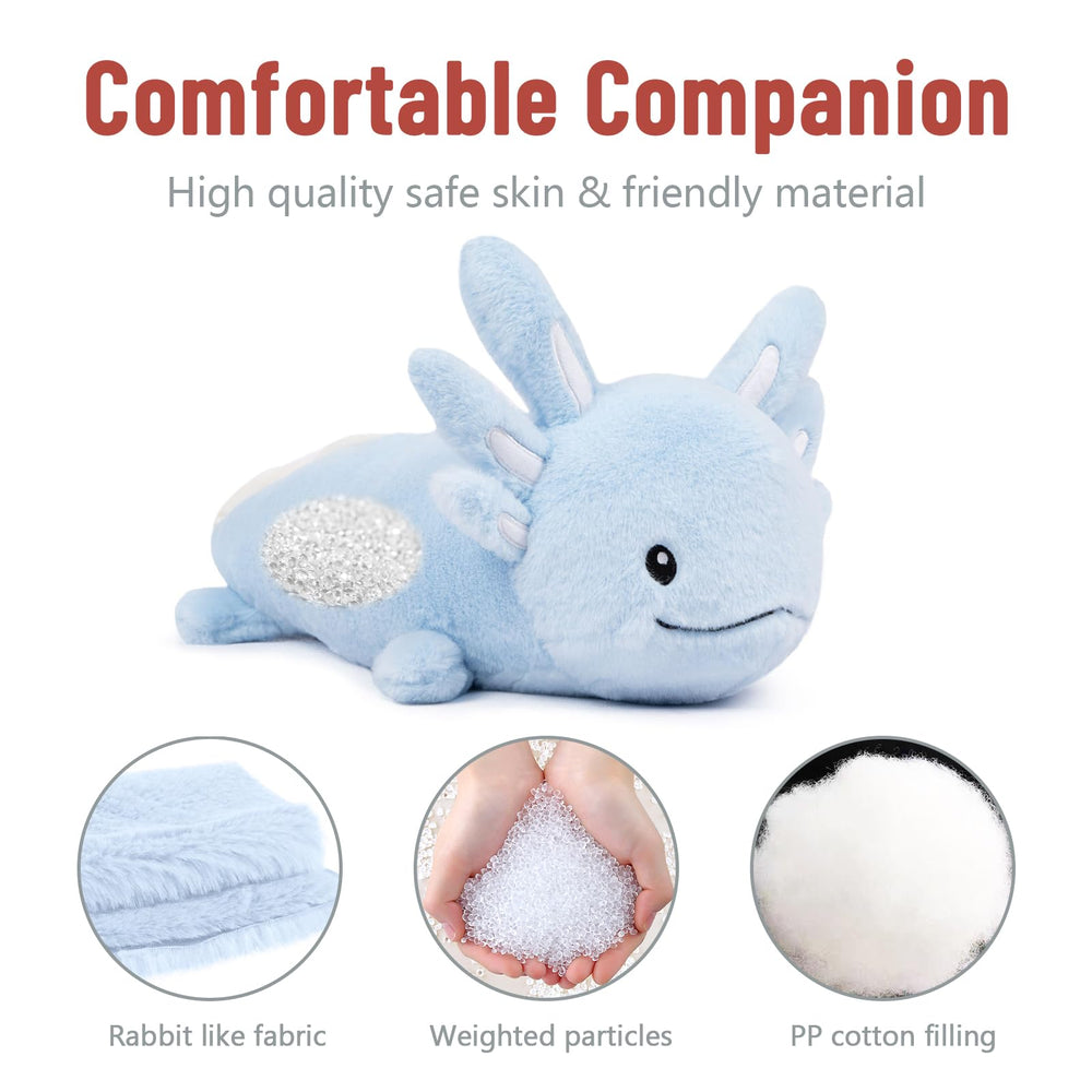 Niuniu Daddy blue axolotl plush resting on a shelf as cheerful decor.