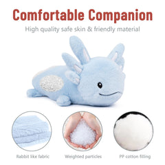 Niuniu Daddy blue axolotl plush resting on a shelf as cheerful decor.