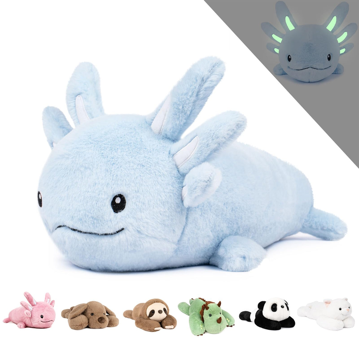 Niuniu Daddy blue axolotl weighted plush front view, ideal for comforting hugs and play