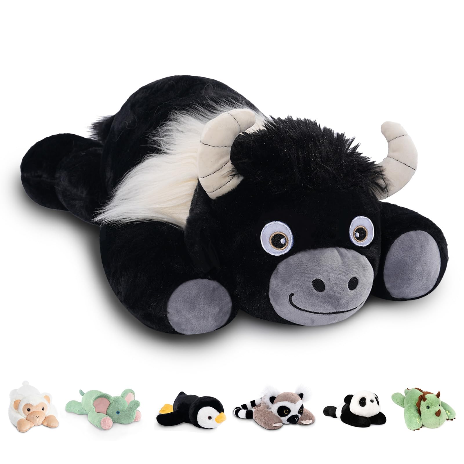 Niuniu Daddy Highland Cow weighted plush front view shows a comforting hug.