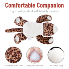 Niuniu Daddy leopard weighted plush displayed in a cozy room setup.