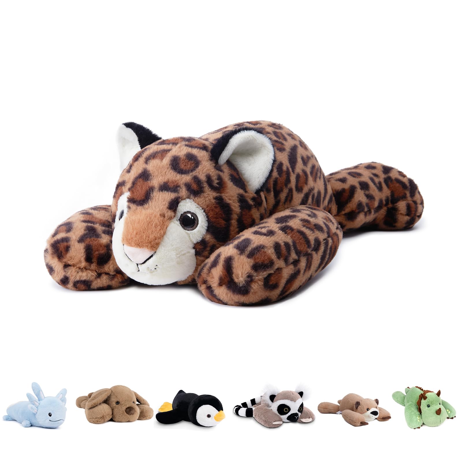 Niuniu Daddy leopard weighted stuffed animal, front view, ideal for cozy hugs.