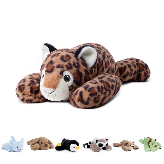 Niuniu Daddy leopard weighted stuffed animal, front view, ideal for cozy hugs.