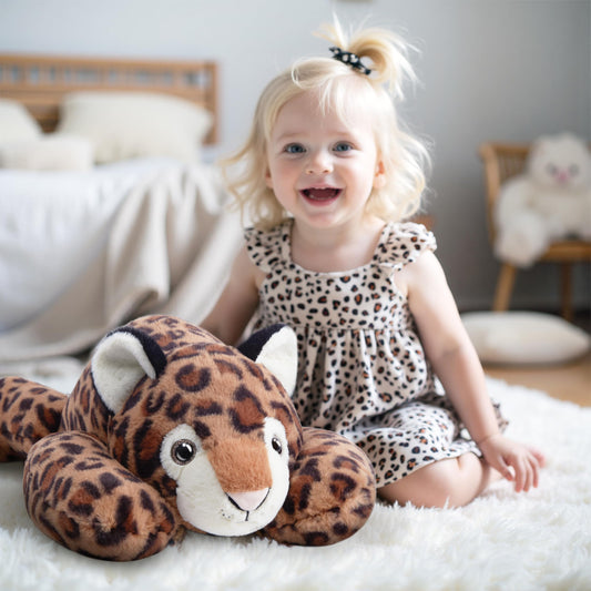 Niuniu Daddy leopard weighted plush, side view, perfect cuddle companion.