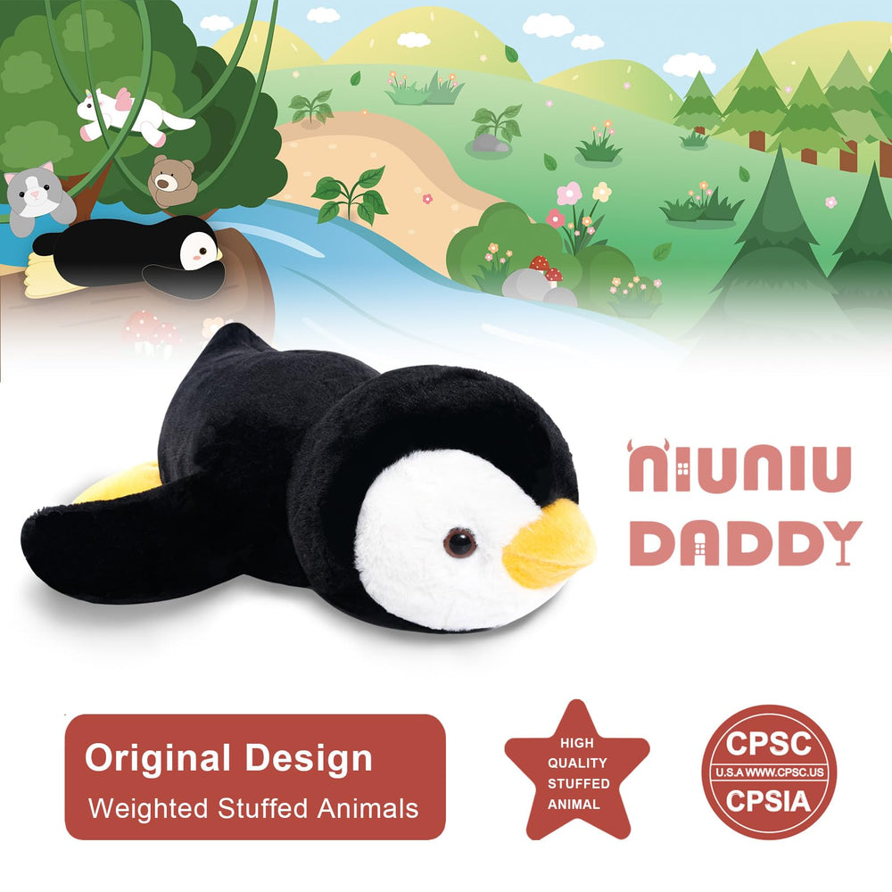 Niuniu Daddy Penguin weighted plush—gift-ready packaging for birthdays or holidays.