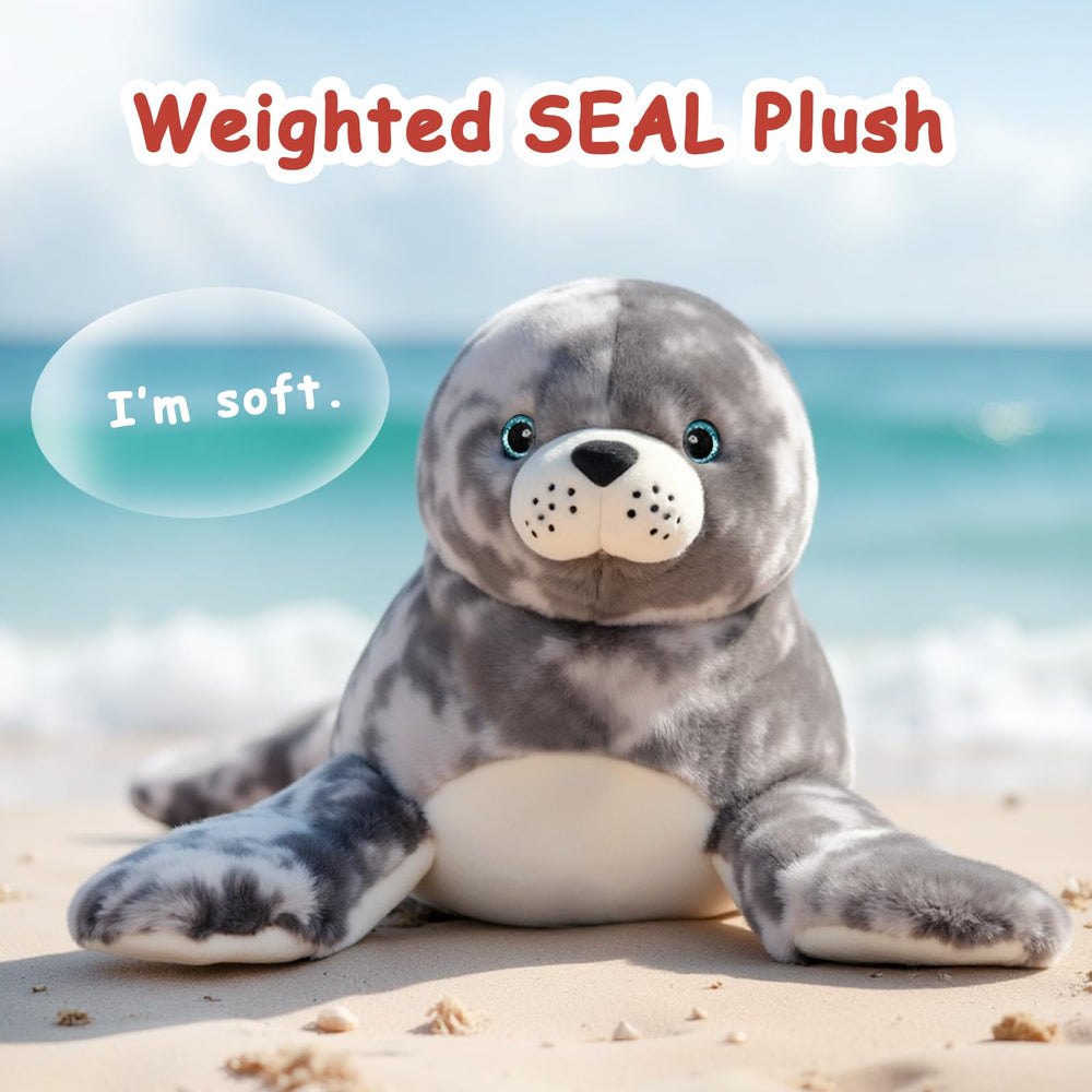 Niuniu Daddy seal plush belly-weight detail demonstrating even distribution for a hug