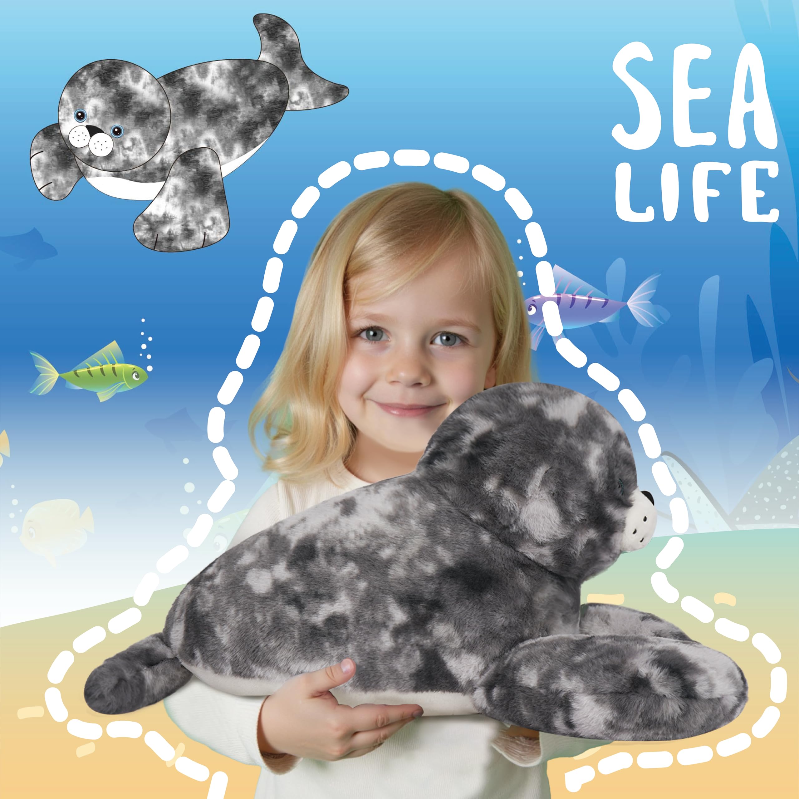 Niuniu Daddy seal plush cuddling scene illustrating a comforting companion