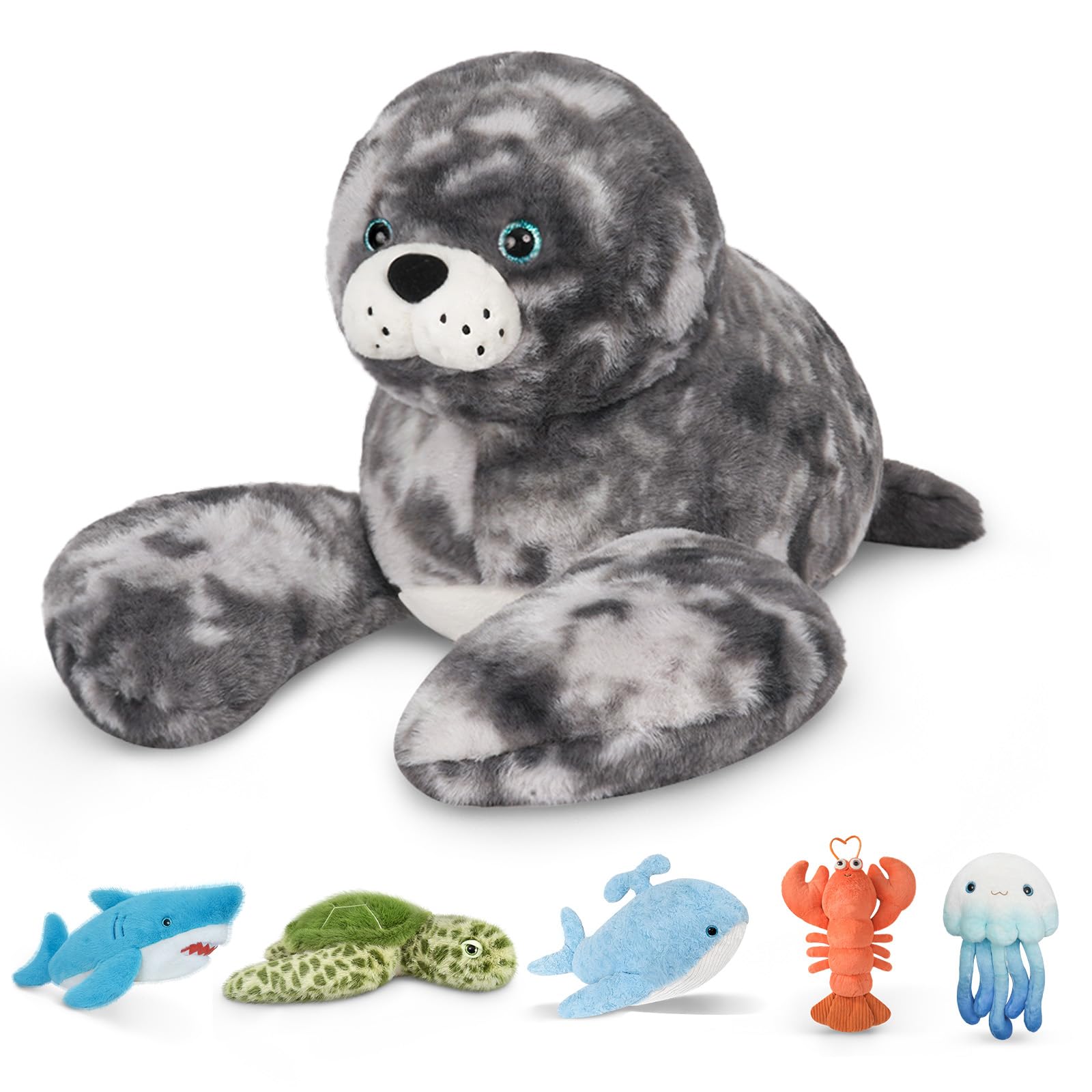 Niuniu Daddy seal plush front view, inviting softness for calming hugs