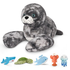 Niuniu Daddy seal plush front view, inviting softness for calming hugs
