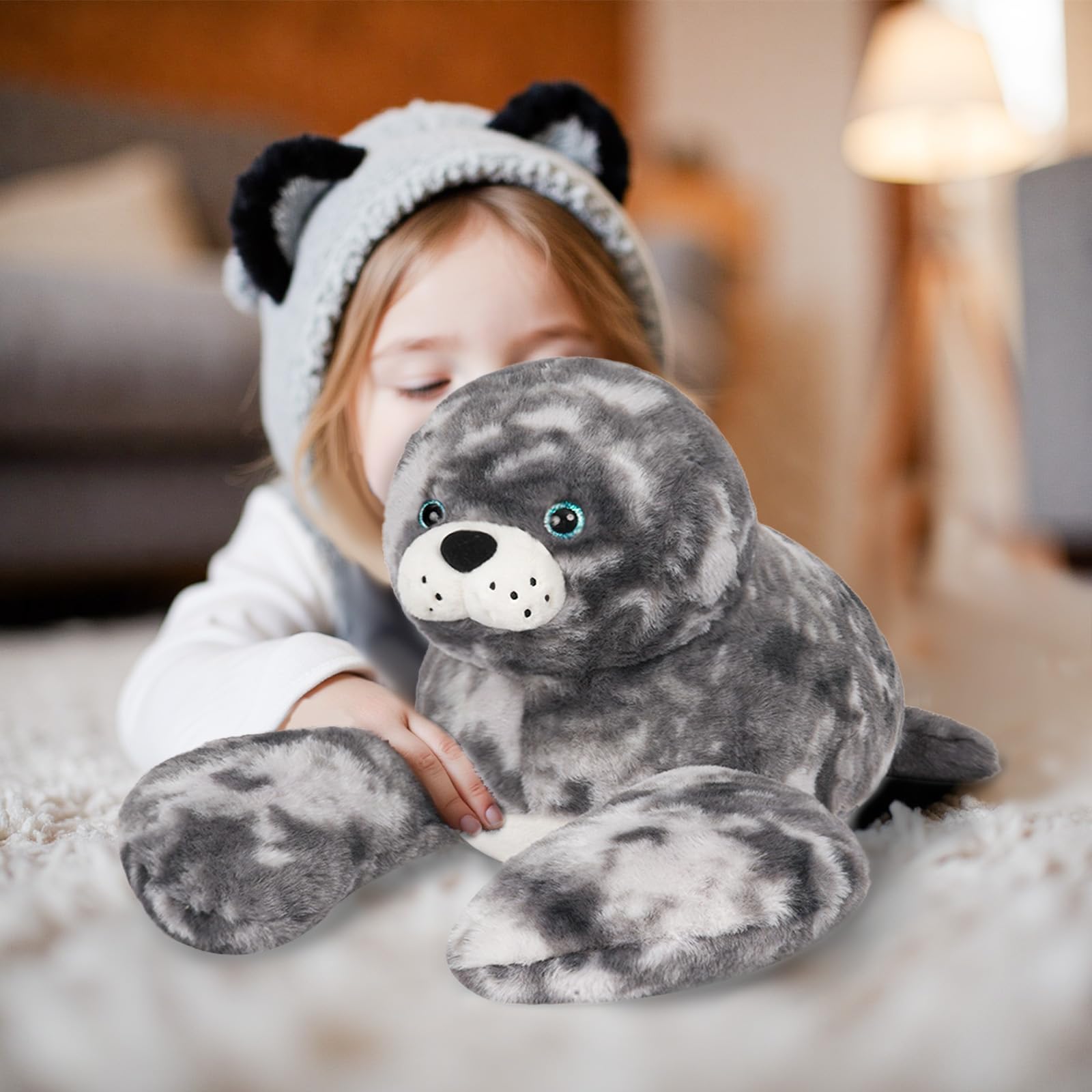 Niuniu Daddy seal plush side-angle view highlighting weighted support for calm