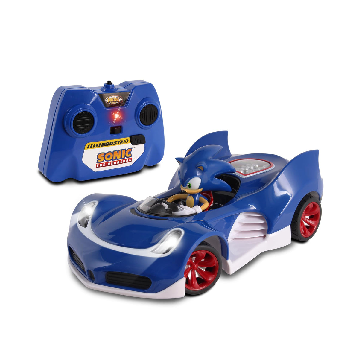 NKOK RC Sonic SSAS R2 blue car side view during a fast indoor race