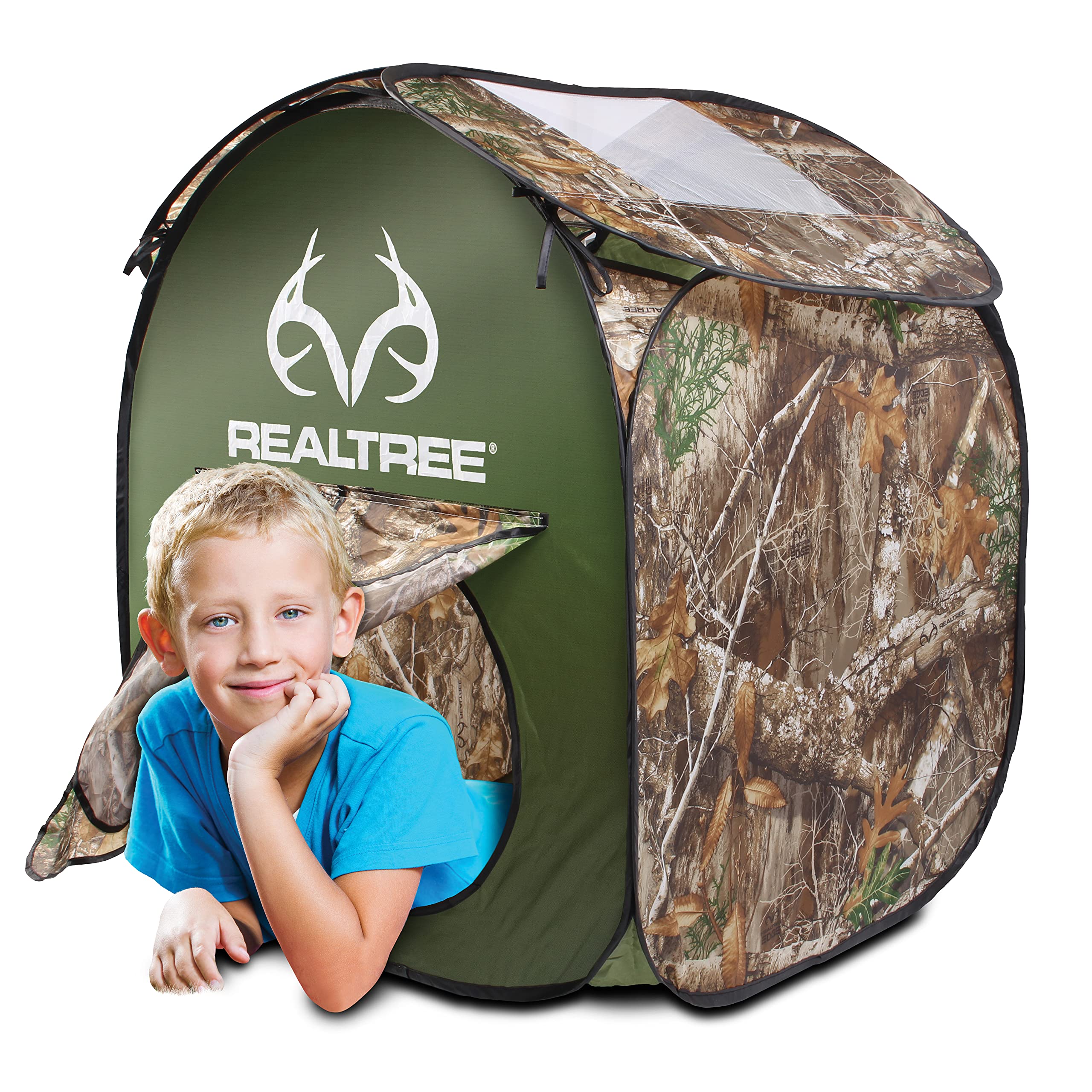 NKOK Realtree Pop Up Play House side view highlighting breathable mesh and visibility
