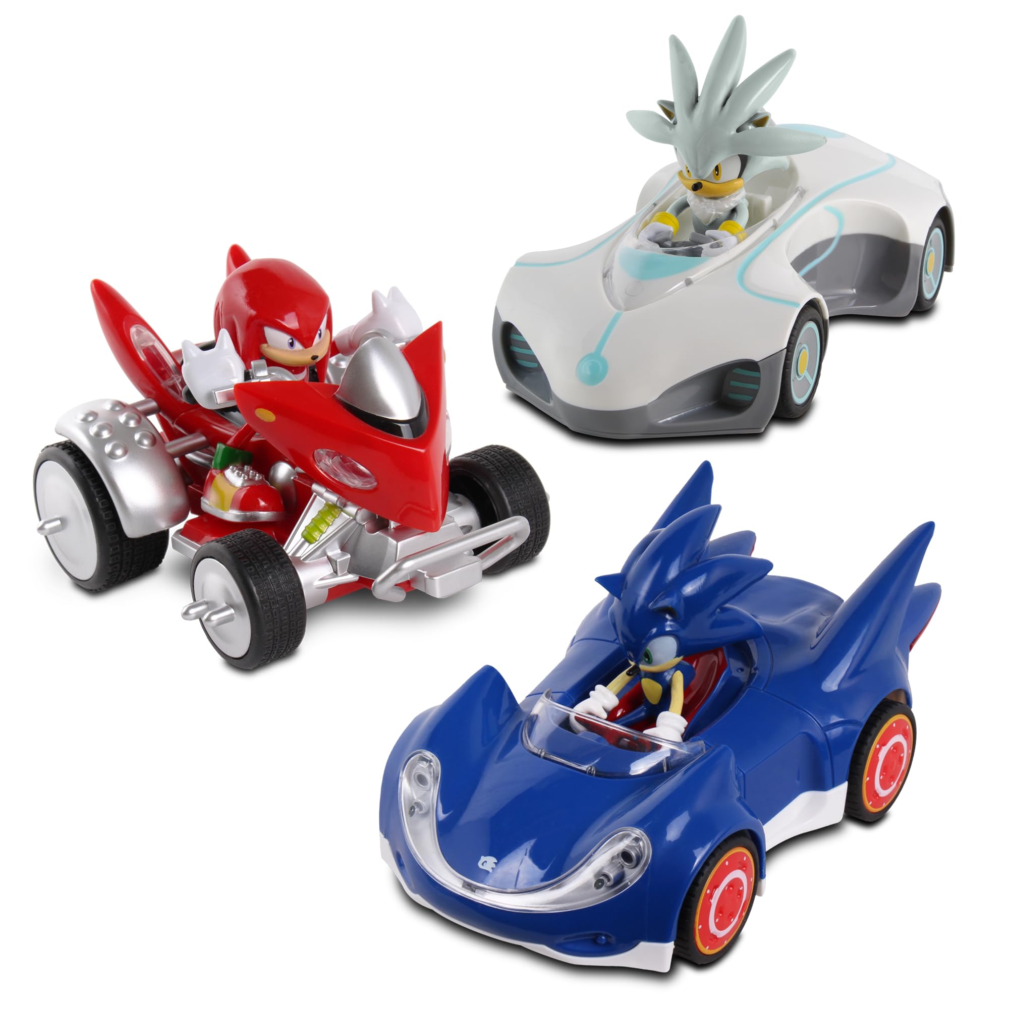 NKOK Sonic Pull Back Set front view featuring Sonic, Knuckles, and Silver for quick, battery-free racing.