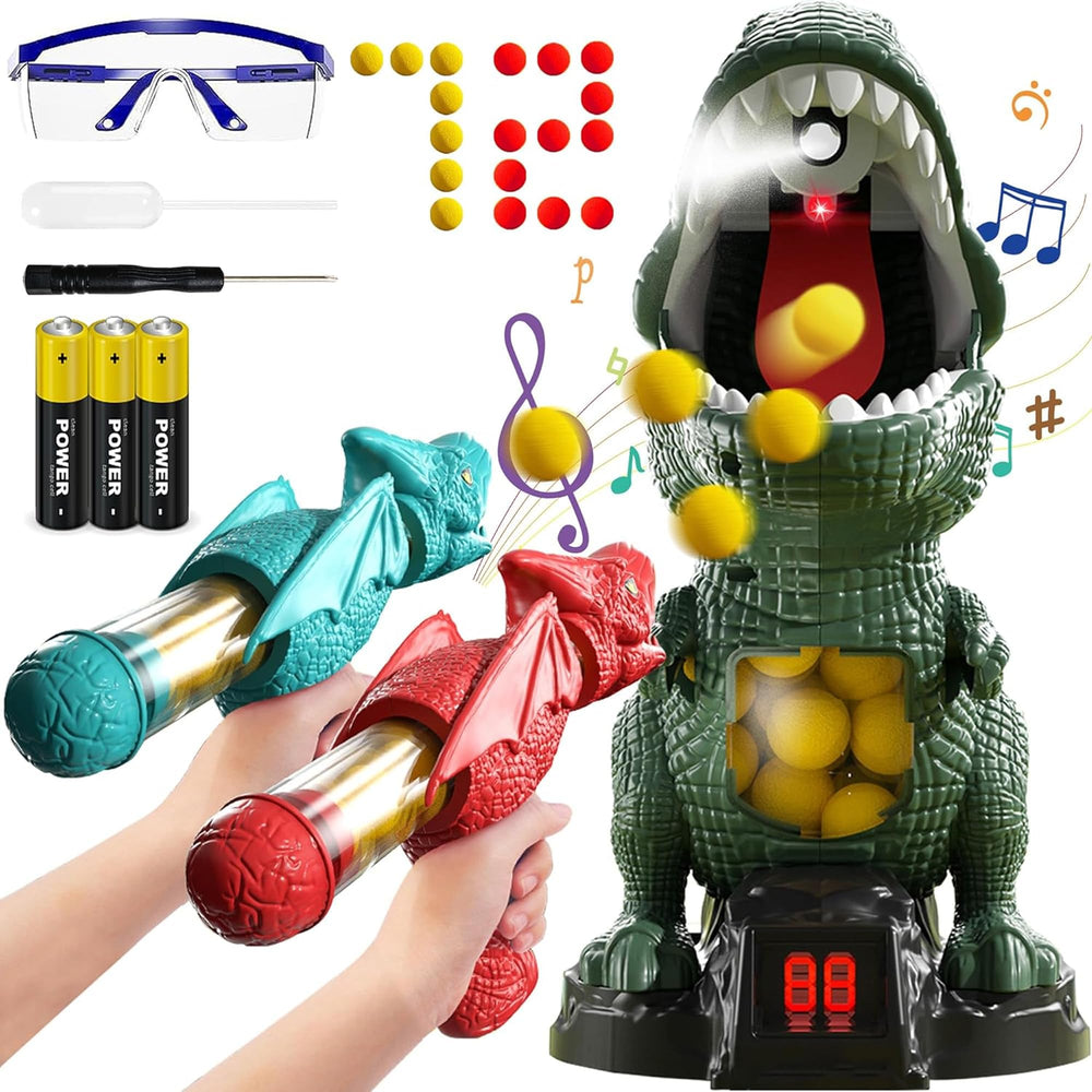 NMM movable dinosaur shooting toy with dinosaur target for active play and coordination.