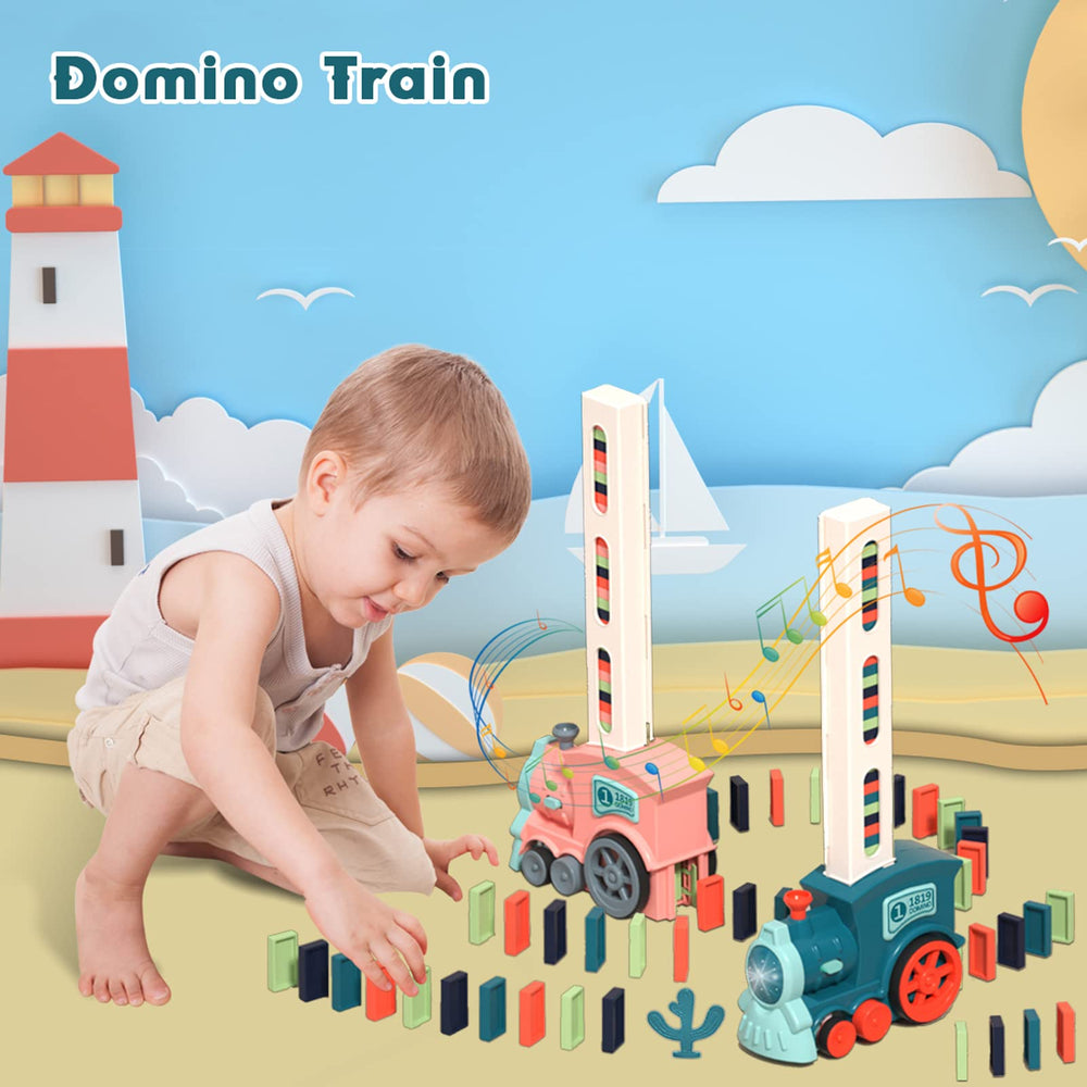 Noaideoi domino train includes 100 colorful dominoes for varied challenges.