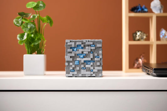 The Noble Collection Minecraft Diamond Ore illuminated detail showing the LED glow