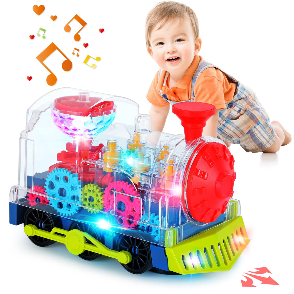 Noetoy light up train toy with colorful gears engaging baby during playtime