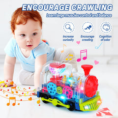Noetoy light up train toy LED lights and music capture attention during crawling