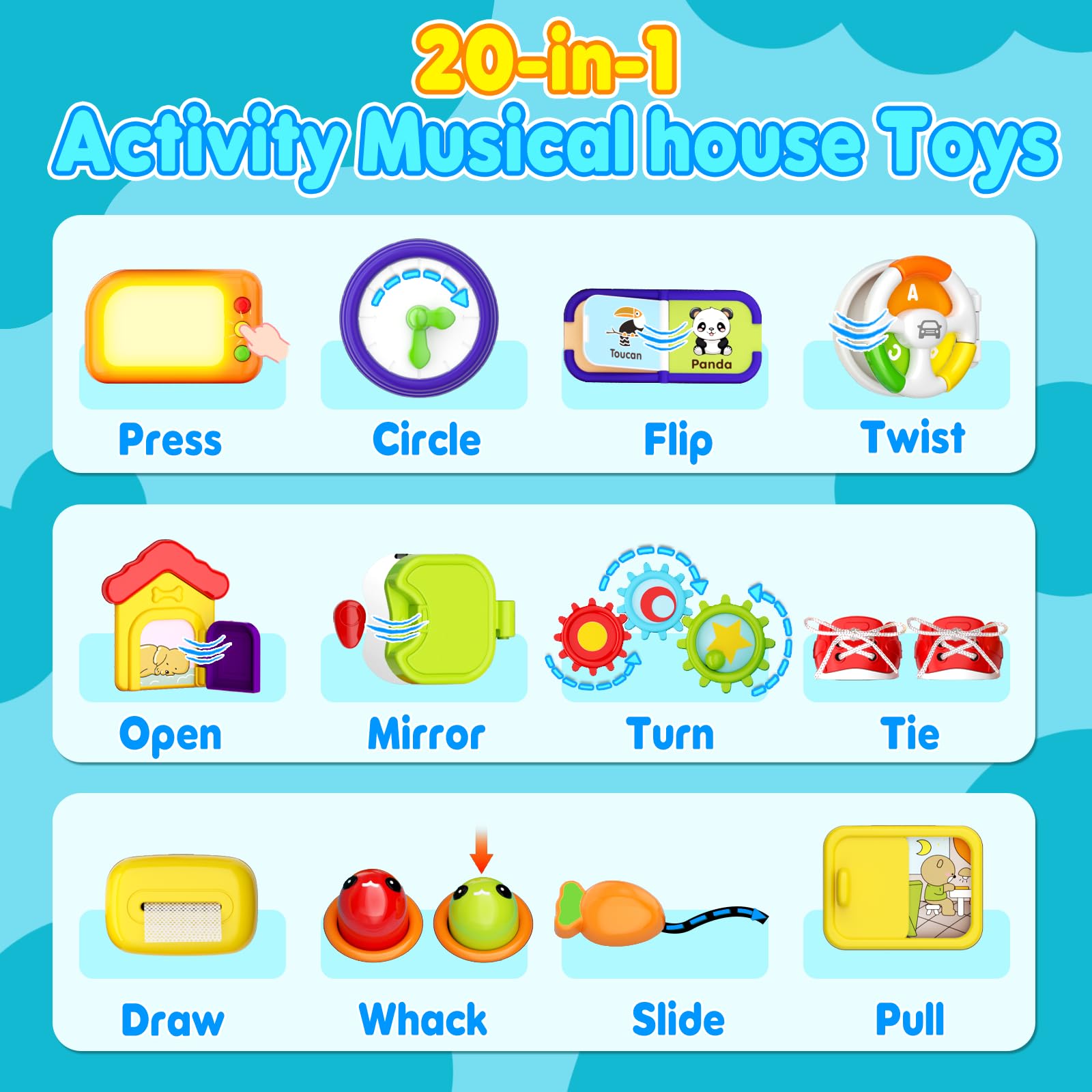 Noltola 20-in-1 Musical Learning House driving car panel encourages exploration.
