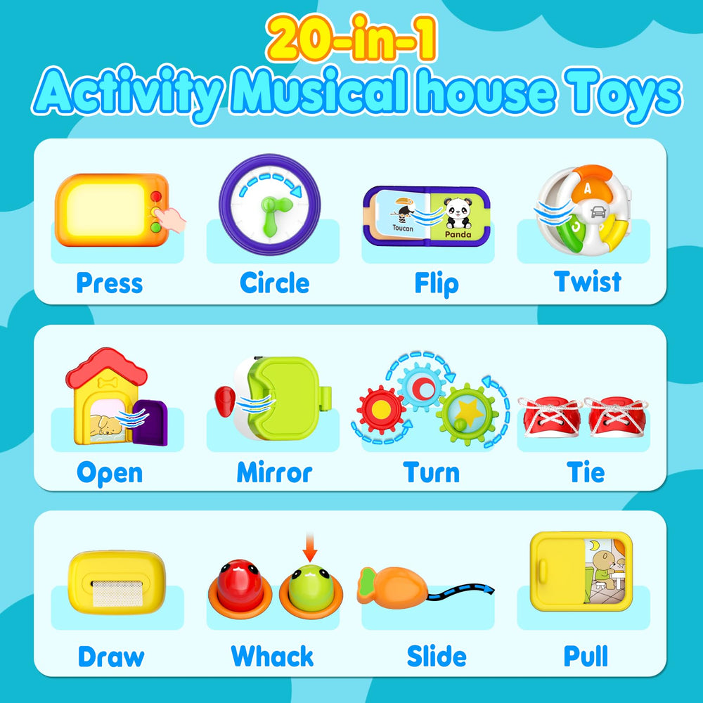Noltola 20-in-1 Musical Learning House driving car panel encourages exploration.