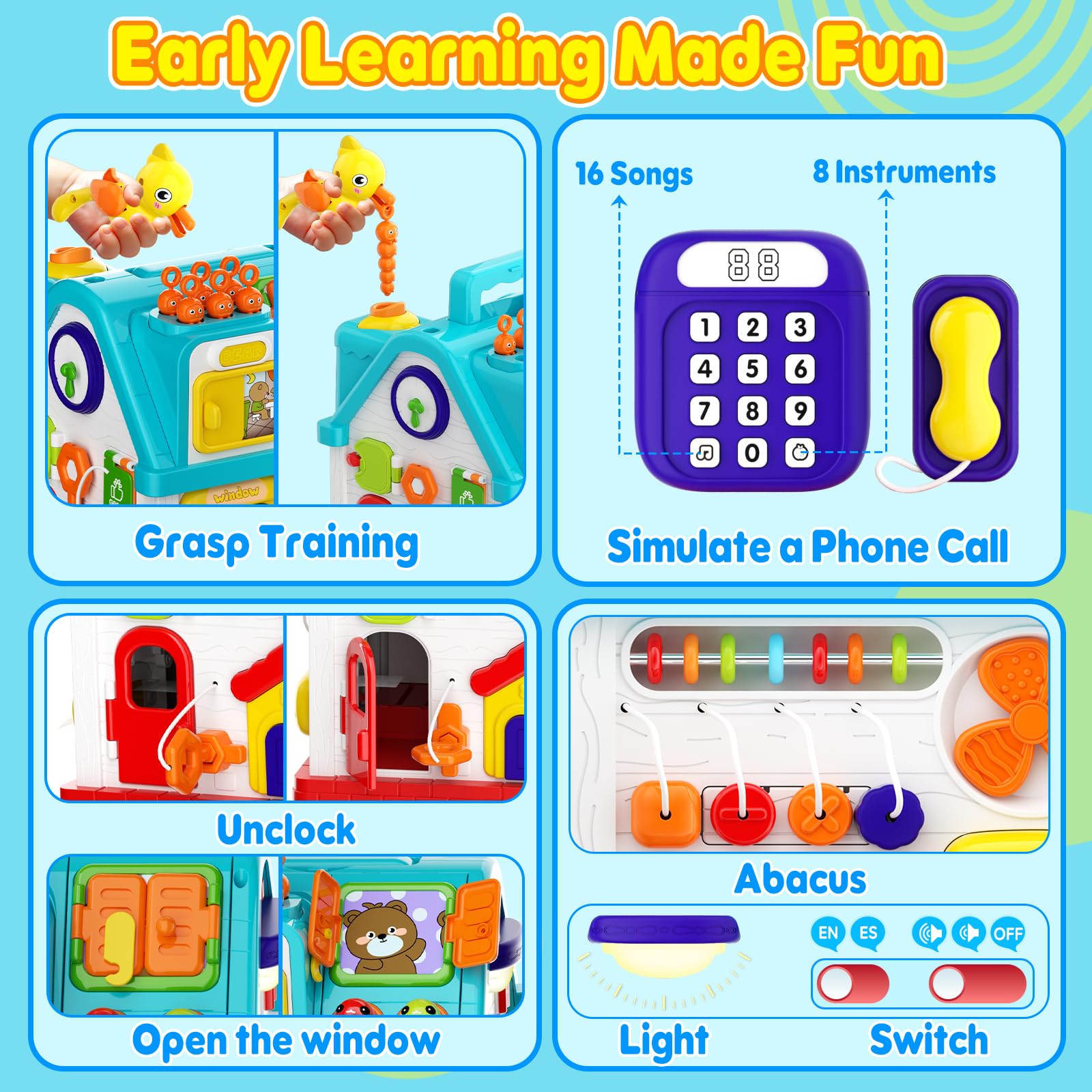 Noltola 20-in-1 Musical Learning House shapes and letters area supports early literacy.