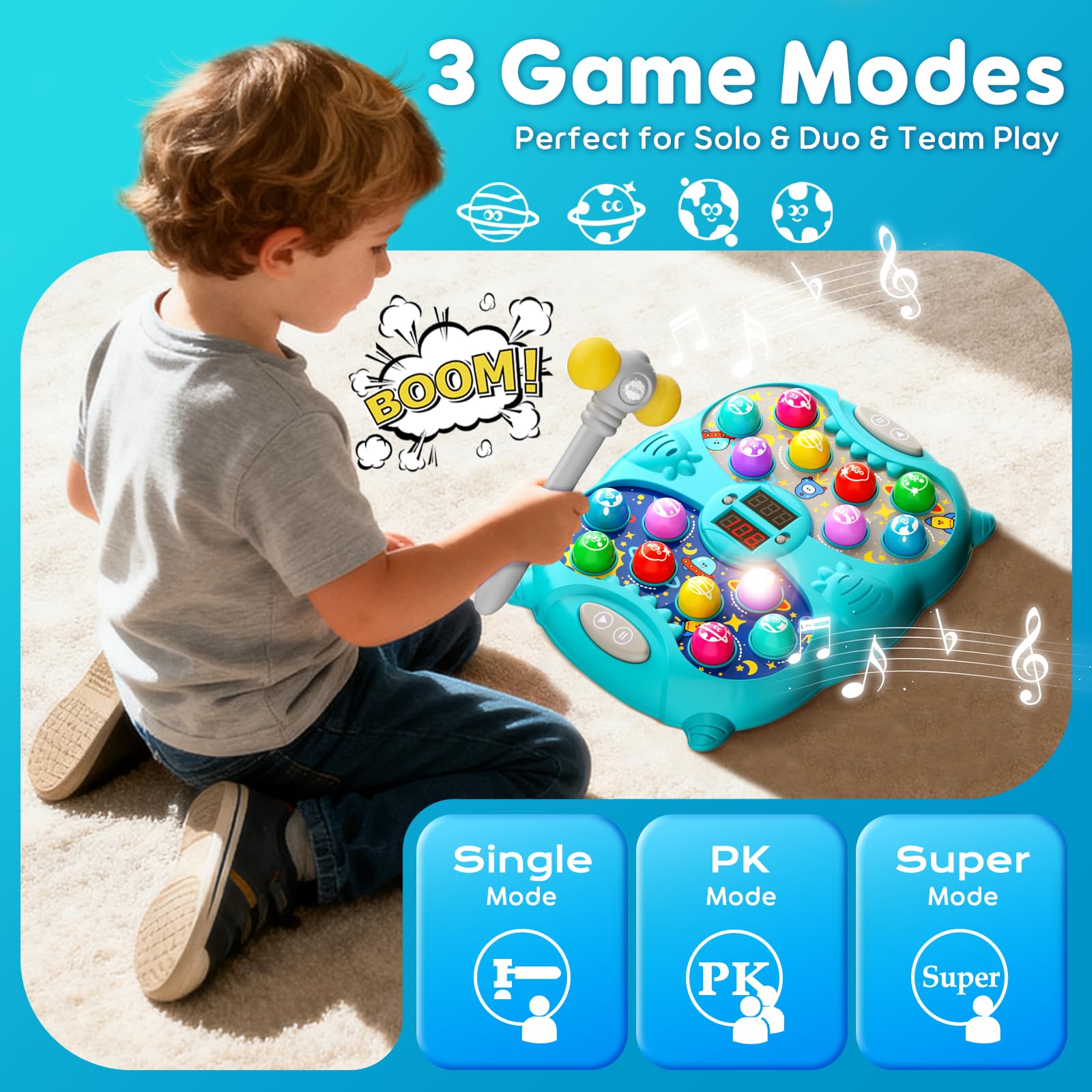 Noltola Whack Mole lights and sounds enhance engaging play sessions.