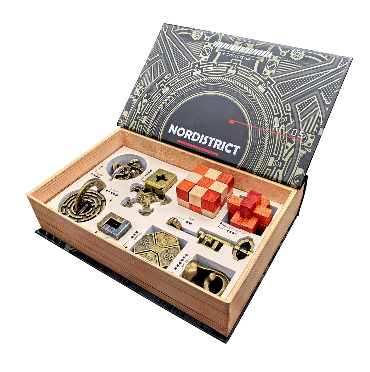 Nordistrict 9pcs brain teaser set with display rack for easy storage and display.