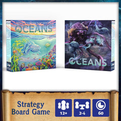 North Star Games Oceans components include sea-themed pieces and tiles for strategic engine-building play.