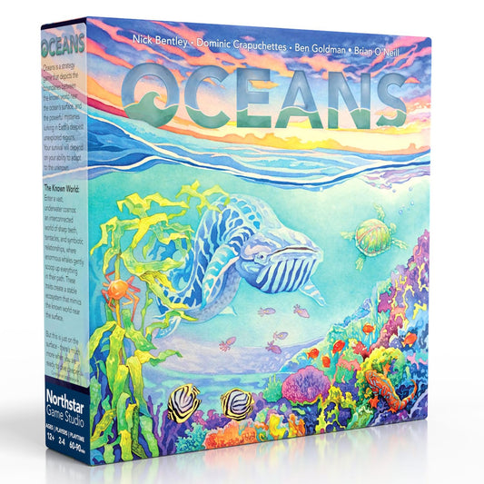 North Star Games Oceans game cover art showcases vibrant underwater world for family game nights.